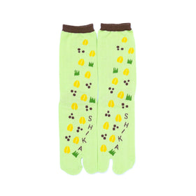 Front view of long green Tabi Socks " Shika-no Ashiato "