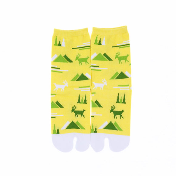 Front view of long yellow Tabi Socks " Mikasayama "– children's size
