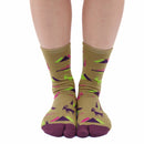 Person wearing long khaki Tabi Socks " Mikasayama ", front view