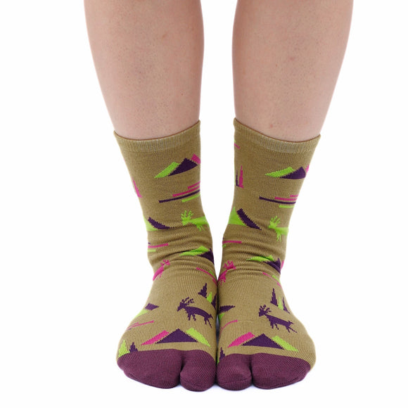 Person wearing long khaki Tabi Socks " Mikasayama ", front view