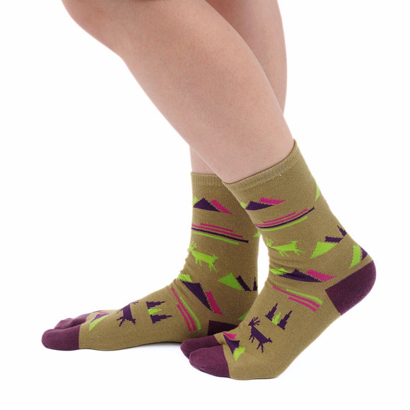 Person wearing long khaki Tabi Socks " Mikasayama ", right side view