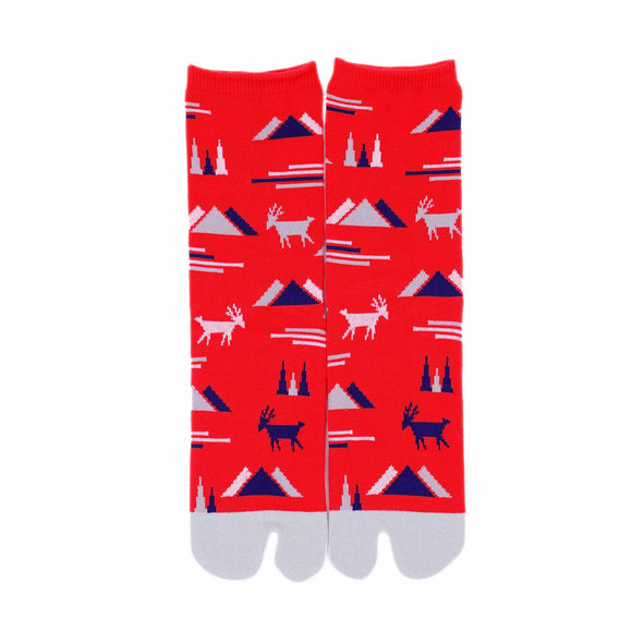 Front view of long red Tabi Socks " Mikasayama "