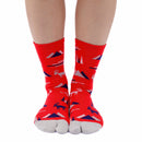 Person wearing long red Tabi Socks " Mikasayama ", front view