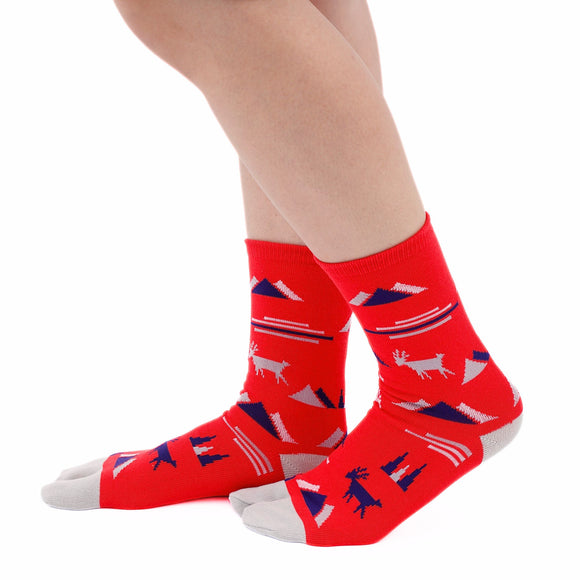 Person wearing long red Tabi Socks " Mikasayama ", right side view