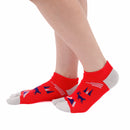 Person wearing short red Tabi Socks " Mikasayama ", right side view