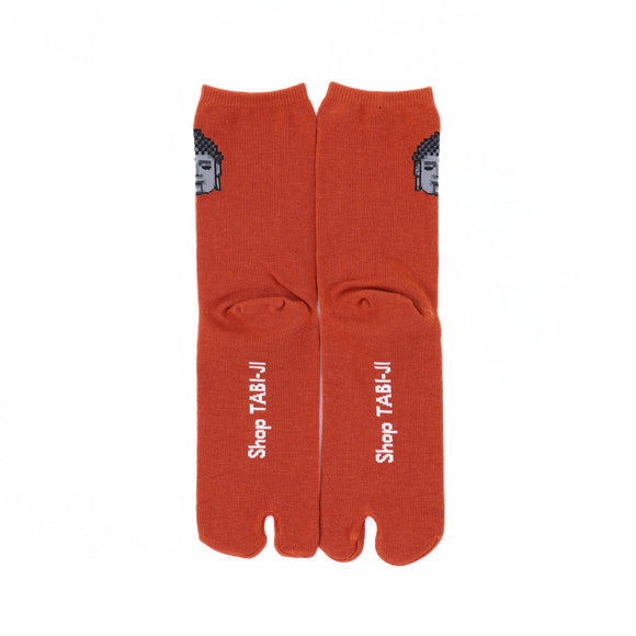 Back view of long orange Tabi Socks " Pixel Daibutsu "