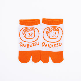 Front view of short orange Tabi Socks " Daibutsu Sensei "– children's size