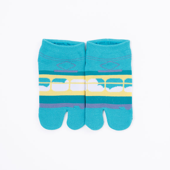Front view of short green Tabi Socks " Densha "– children's size