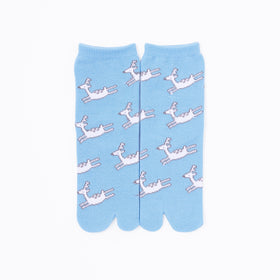 Front view of long blue Tabi Socks " Shika Origami "– children's size