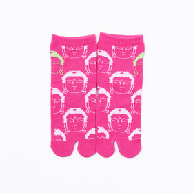 Front view of long pink Tabi Socks " Kamakura Daibutsu "– children's size