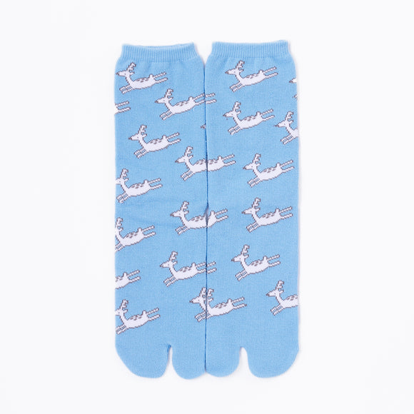 Front view of long blue Tabi Socks " Shika Hashiru "