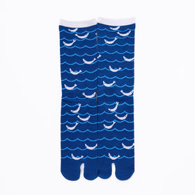 Front view of long blue Tabi Socks " Shirasu "