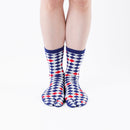 Person wearing long blue Tabi Socks " Kingyo 2 ", front view