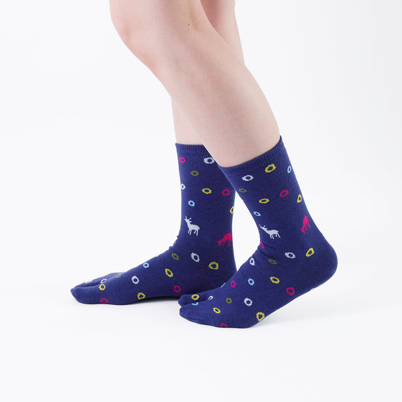 Person wearing long blue Tabi Socks " Shika & Wa ", right side view