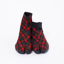 Front view of red Tabi Shoes " CHEKER "
